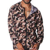 Lightweight camouflage zip-up hoodie jacket in brown and tan tones with a slim fit and elastic cuffs.