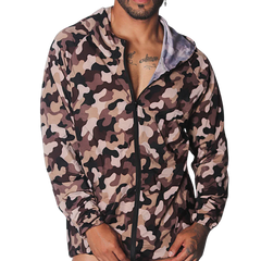 Lightweight camouflage zip-up hoodie jacket in brown and tan tones with a slim fit and elastic cuffs.
