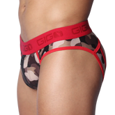 Red camo-print jockstrap with a wide, red elastic branded waistband and red piping trim.