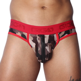 Camo print jockstrap with a front vertical zipper, red trim, and a branded red elastic waistband.
