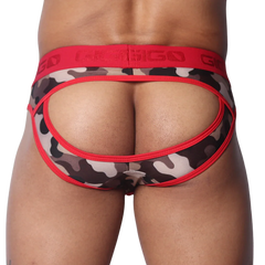 Red camouflage open-back jockstrap with a wide red waistband featuring embossed Gigo logos and red trim piping.