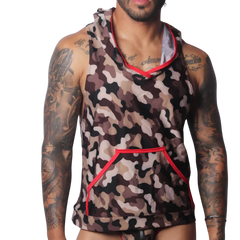 Brown camouflage sleeveless hooded T-shirt featuring a kangaroo pocket with vibrant red trim.