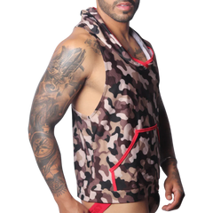 Sleeveless camo print hoodie with red trim and a front pocket, worn by a man with arm tattoos.