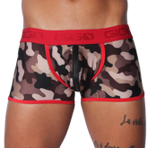Camouflage print trunk with red trim, logo waistband, and a center-front zipper closure.