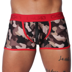 Camouflage print trunk with red trim, logo waistband, and a center-front zipper closure.