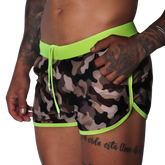 Short, camouflage-print athletic beach shorts with neon yellow waistband, drawstring, and trim accents.