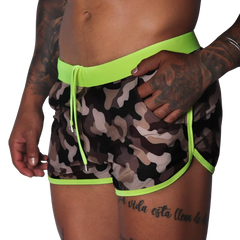 Short, camouflage-print athletic beach shorts with neon yellow waistband, drawstring, and trim accents.