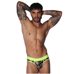 Neon yellow and camouflage print jockstrap with a central front zipper detail and branded elastic waistband.