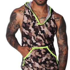 Sleeveless brown camouflage hoodie tank top with bright neon yellow trim and a front kangaroo pocket.