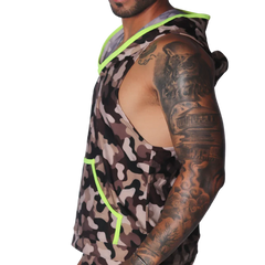 Sleeveless camouflage hoodie in brown and grey with bright neon yellow trim and hood lining.