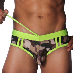 Neon yellow and camouflage print swim brief with a wide elastic waistband, drawstring, and side-paneled cutout design.