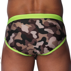 Gigo swim brief with a brown camouflage pattern and bright neon yellow trim against a black background.