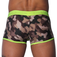 Brown camouflage print trunk with a bright yellow branded elastic waistband and neon yellow leg trim.
