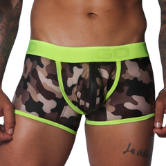 Camo print mesh trunk with neon yellow trim, branded elastic waistband, and a center-front zipper closure.