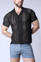 Black mesh sicily crochet mesh shirt with button-up front collar and short sleeves