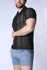 Black sicily crochet mesh shirt with short sleeves and vertical striped pattern in breathable fabric