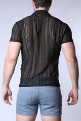 Sicily crochet mesh shirt black short-sleeved with vertical striped pattern in breathable crochet fabric