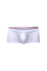 White petitq trunk algun briefs with red white and blue striped dentifo embossed waistband