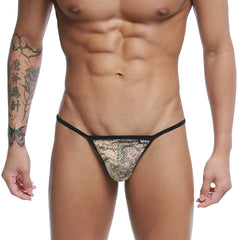 Black and gold patterned U-Station string thong with sleek modern design featuring peacock motif, front view