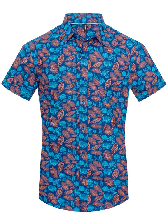 Toku palm print shirt vibrant blue short-sleeved button-up with rust-colored leaf pattern
