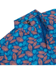 Vibrant blue and orange tropical leaf patterned button-down shirt ideal for casual summer wear