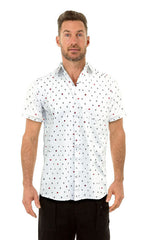 White short-sleeved button-up anchor s s shirt with a subtle pattern of small anchors and red dots