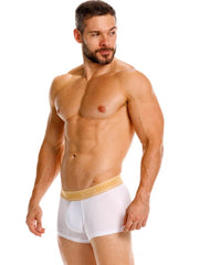 White unico 26040100125 amber trunks premium athletic fit briefs with gold waistband and black brand name