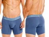 Blue unico boxer briefs with matching elastic waistband featuring light gray brand name for premium comfort and style