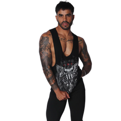 Black deep-scoop muscle tank with vintage-style eagle and flag graphic print on the chest.