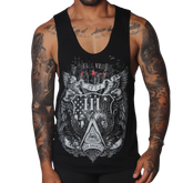 Black tank top with a vintage-style graphic featuring eagles, a pyramid with an eye, and "Gigo Los Angeles" text.
