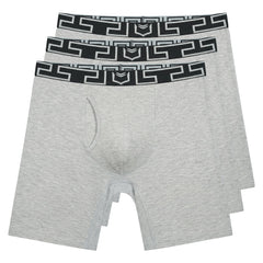 Gray heathered sheath v bamboo men’s 8 inch performance boxer briefs with black white geometric waistband in 3 pack