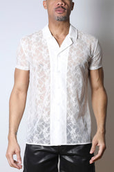 Timoteo Windsor white short-sleeve button-down shirt in sheer floral lace with a pointed collar, worn by a male model.
