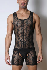 A man modeling the Timoteo Windsor black lace singlet chaps against a neutral background.