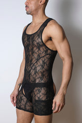 Man wearing Timoteo Windsor black lace singlet chaps against a white background.