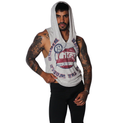 Light gray sleeveless hoodie with a distressed red and blue "Gigo" winged logo graphic on the chest.