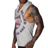 Light gray sleeveless hoodie t-shirt with a vintage-style red and blue "Gigo" wing graphic on the chest.