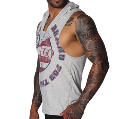 Light gray sleeveless hoodie t-shirt with a vintage-style red and blue "Gigo" wing graphic on the chest.