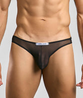 Black sheer mesh briefs with solid black waistband and justin plus simon label from classic mens bikini mesh collection