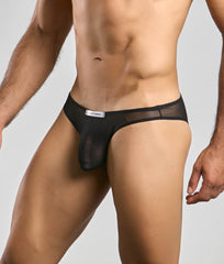 Black sheer mesh thong with solid black waistband and small white label from justin plus simon classic mens bikini mesh collection