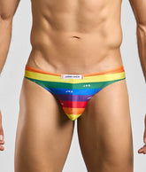 Justin + Simon classic mens bikini briefs in rainbow stripes with vibrant orange to purple gradient and repeating j plus s logos