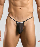 Black sheer mesh thong with thin elastic straps and white justin plus simon label front classic g-string bulge mesh
