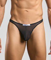Black sheer mesh thong with justin + simon white label on waistband from the classic tanga mesh collection