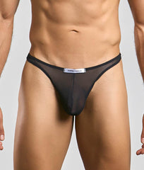 Black sheer mesh thong with justin + simon white label on waistband from the classic tanga mesh collection