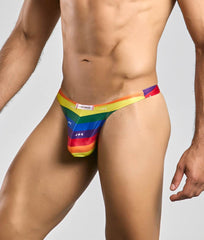 Justin plus simon classic tanga vibrant rainbow-striped men’s thong with a sleek form-fitting design and bold gradient colors