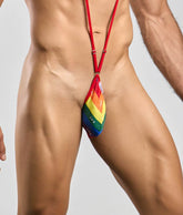 Rainbow-colored fabric pouch with red strap designed as a novelty undergarment from justin + simon sling new colors