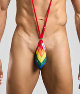 Rainbow-colored fabric-covered men’s jockstrap with red adjustable straps from justin + simon sling new colors collection