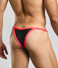 Black and pink Justin plus Simon bikini one thong with snug form-fitting design shown from the back side