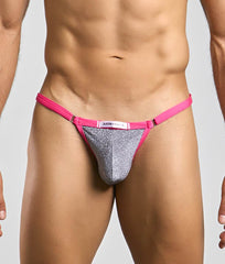 A vibrant pink and silver glitter thong bikini bottom with branded label from Justin plus Simon Bikini One