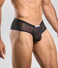 Black sheer mesh briefs with solid black waistband and small white label from justin + simon cheek mesh collection
