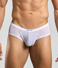 White sheer mesh briefs with white elastic waistband featuring justin + simon label from the cheek mesh collection